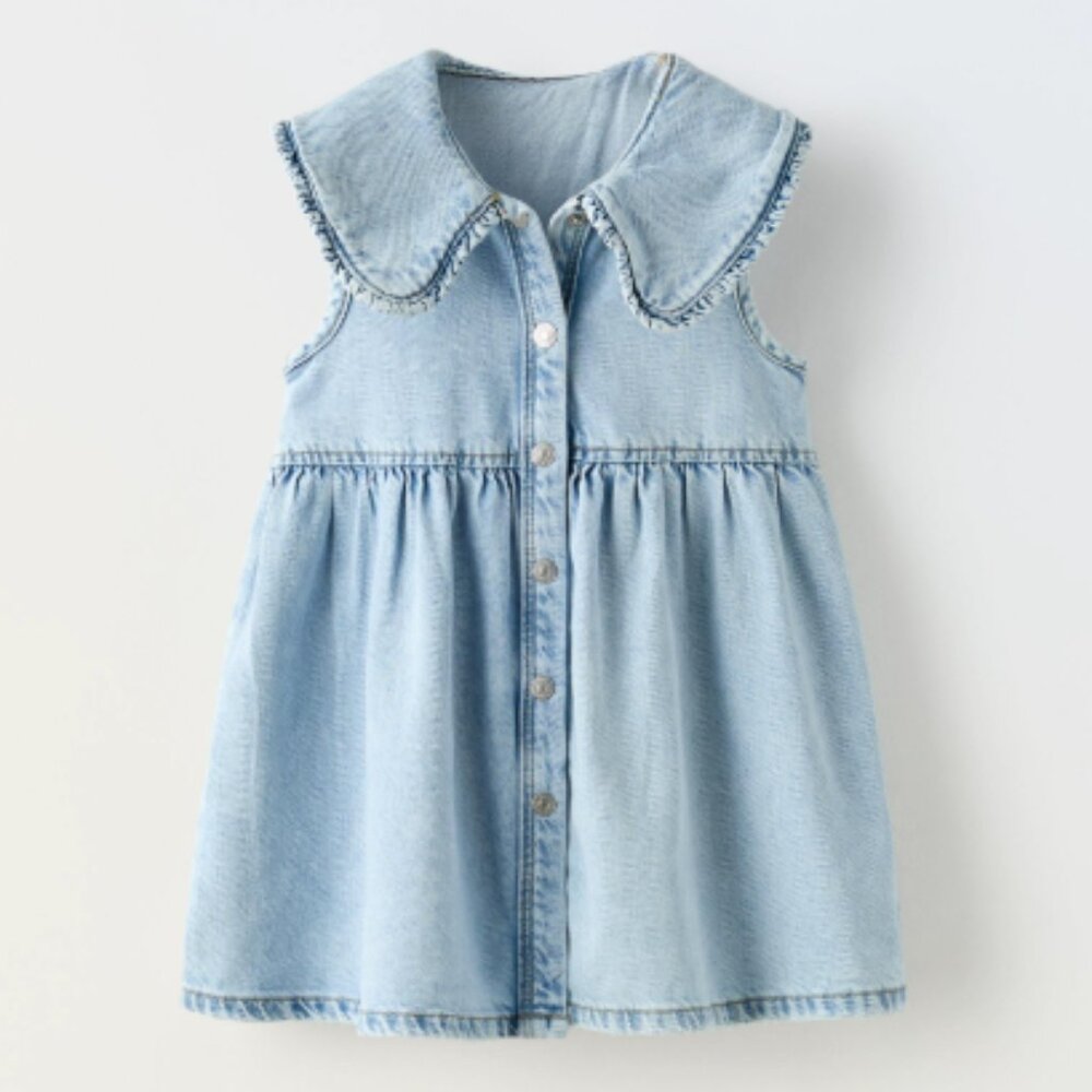 Zara Kids Light Blue Peter Pan Dress Sleeveless Denim Ruffle Collar Snap Buttons